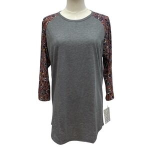 LuLaRoe Randy Top Large Gray Floral Raglan 3/4 Sleeve NWT